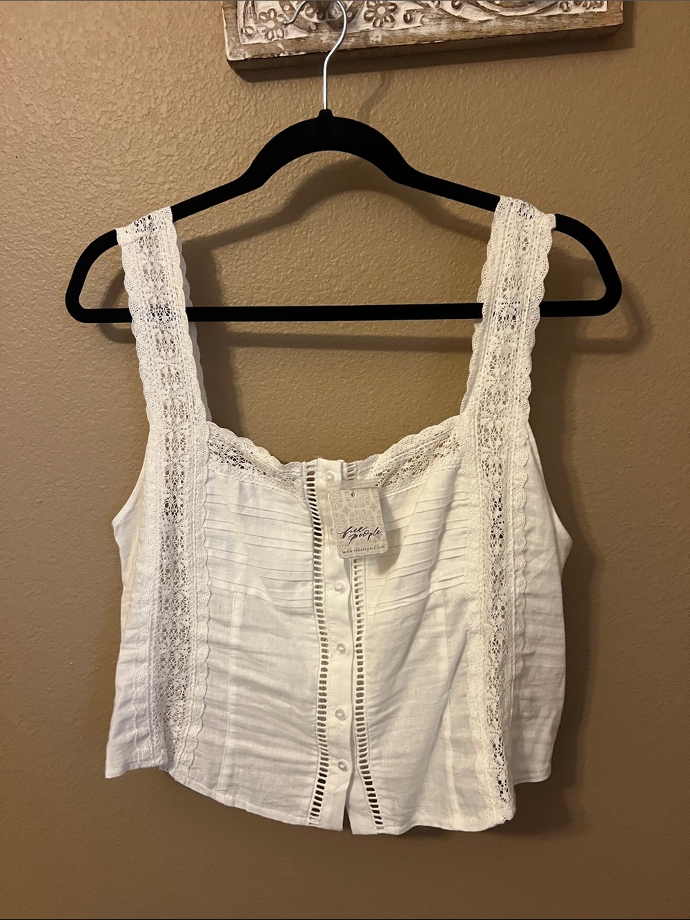 Free People White Lace-Trim Button-Front Crop Tank